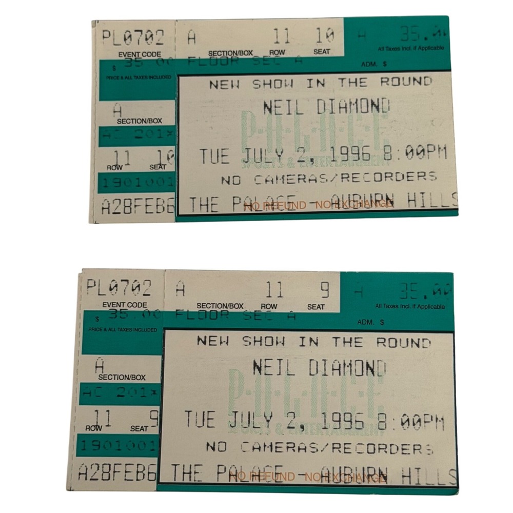 Vintage 1996 Neil Diamond Concert Ticket Stubs Palace of Auburn Hills 2 Tickets